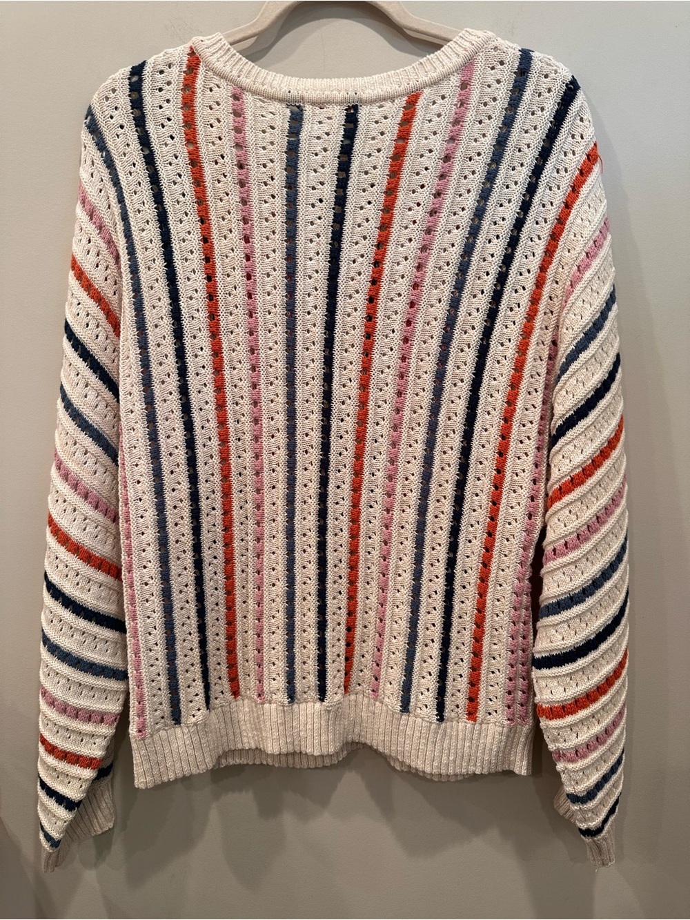 Knox Rose Cream Striped Open-Knit Crewneck Sweater Cotton Layer Sz L - Picture 2 of 8